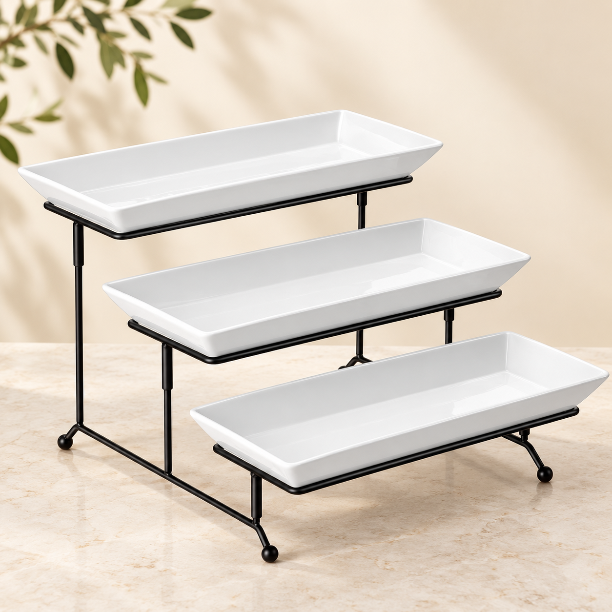 MALACASA three-tier white porcelain serving trays on a black metal rack