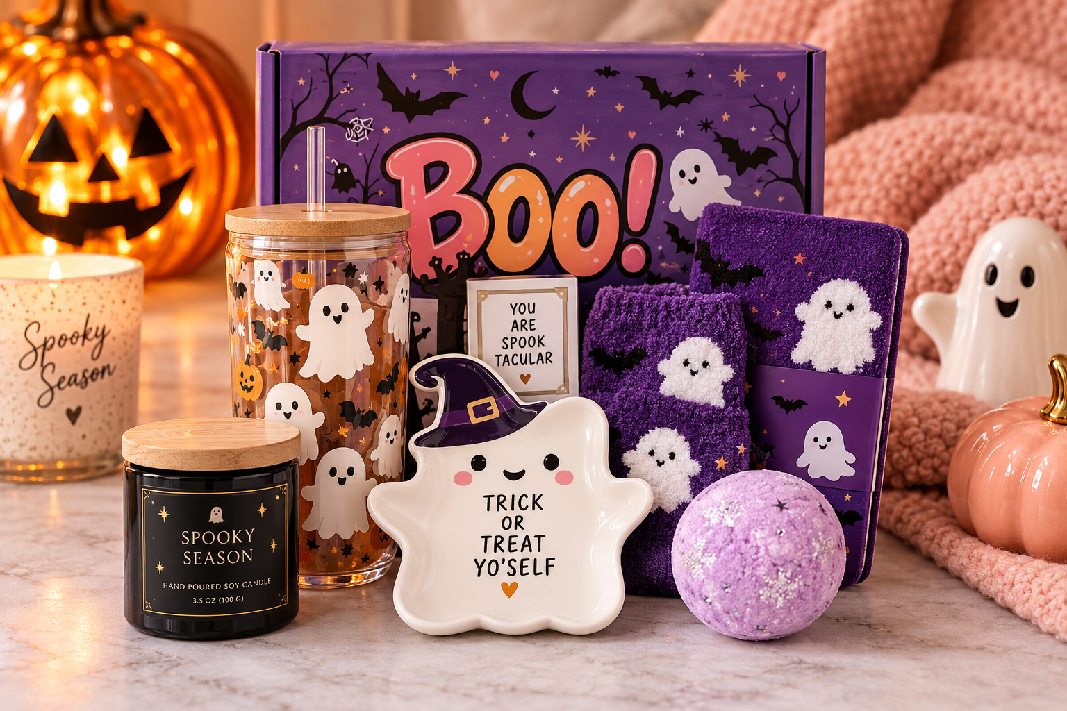 MHSMHL purple Halloween boo basket gift set for women with ghost-themed cup, candle, socks and bath item