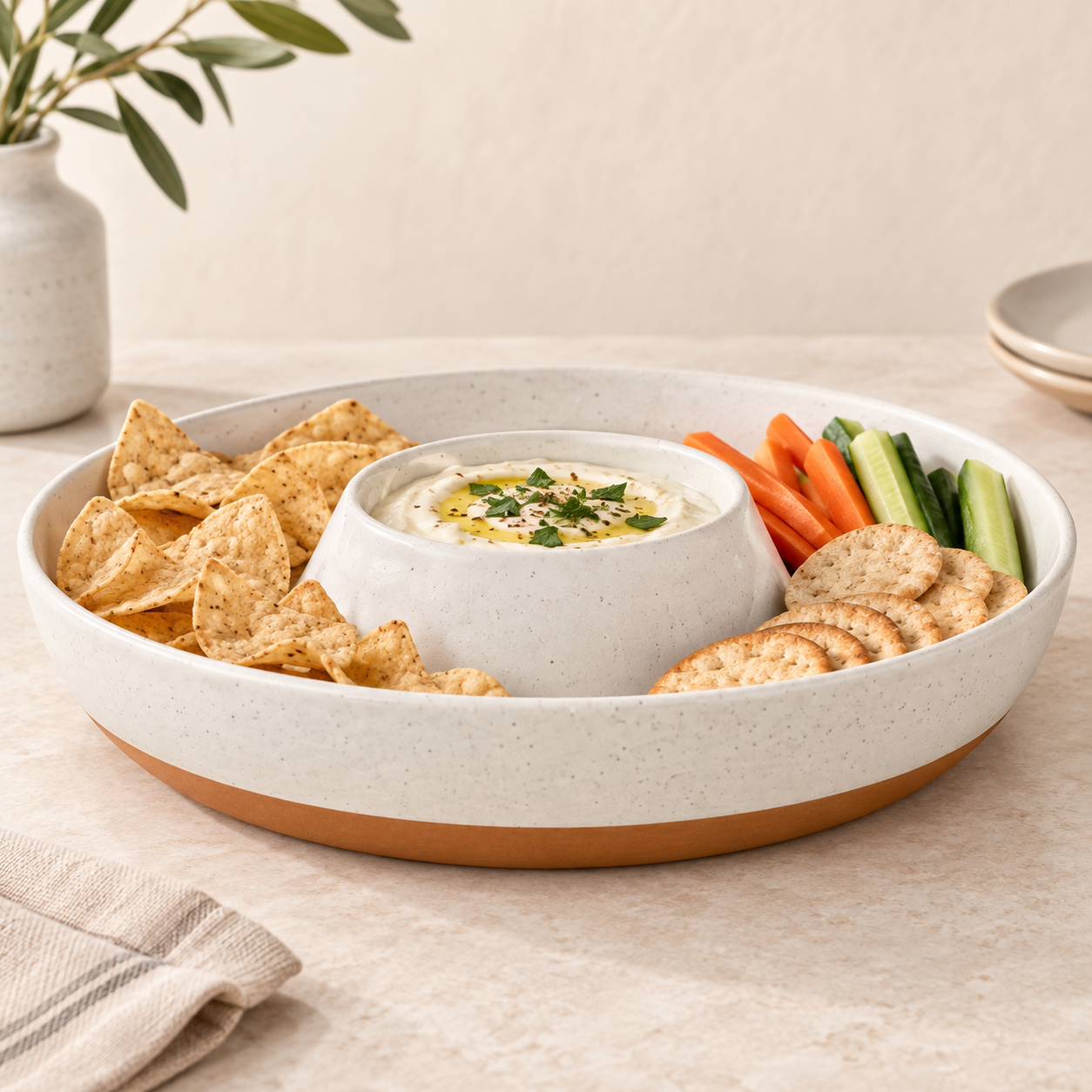 MORA vanilla-white speckled ceramic chips-and-dip tray with integrated bowl and terracotta base