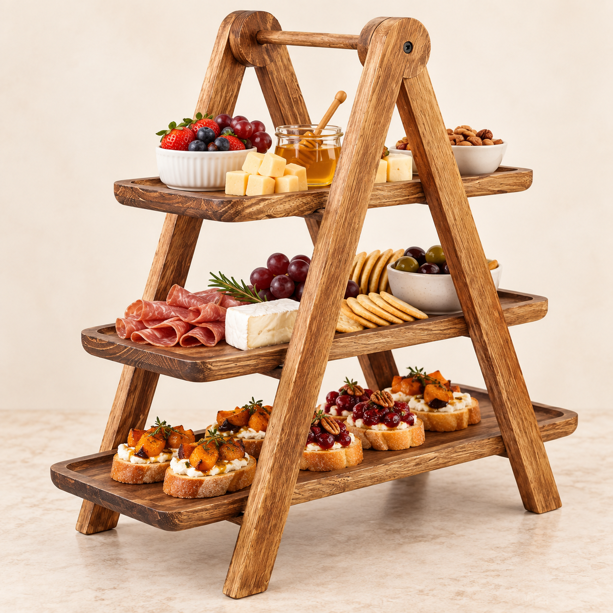 Manspdier rustic wooden three-tier A-frame serving stand with Thanksgiving appetizers