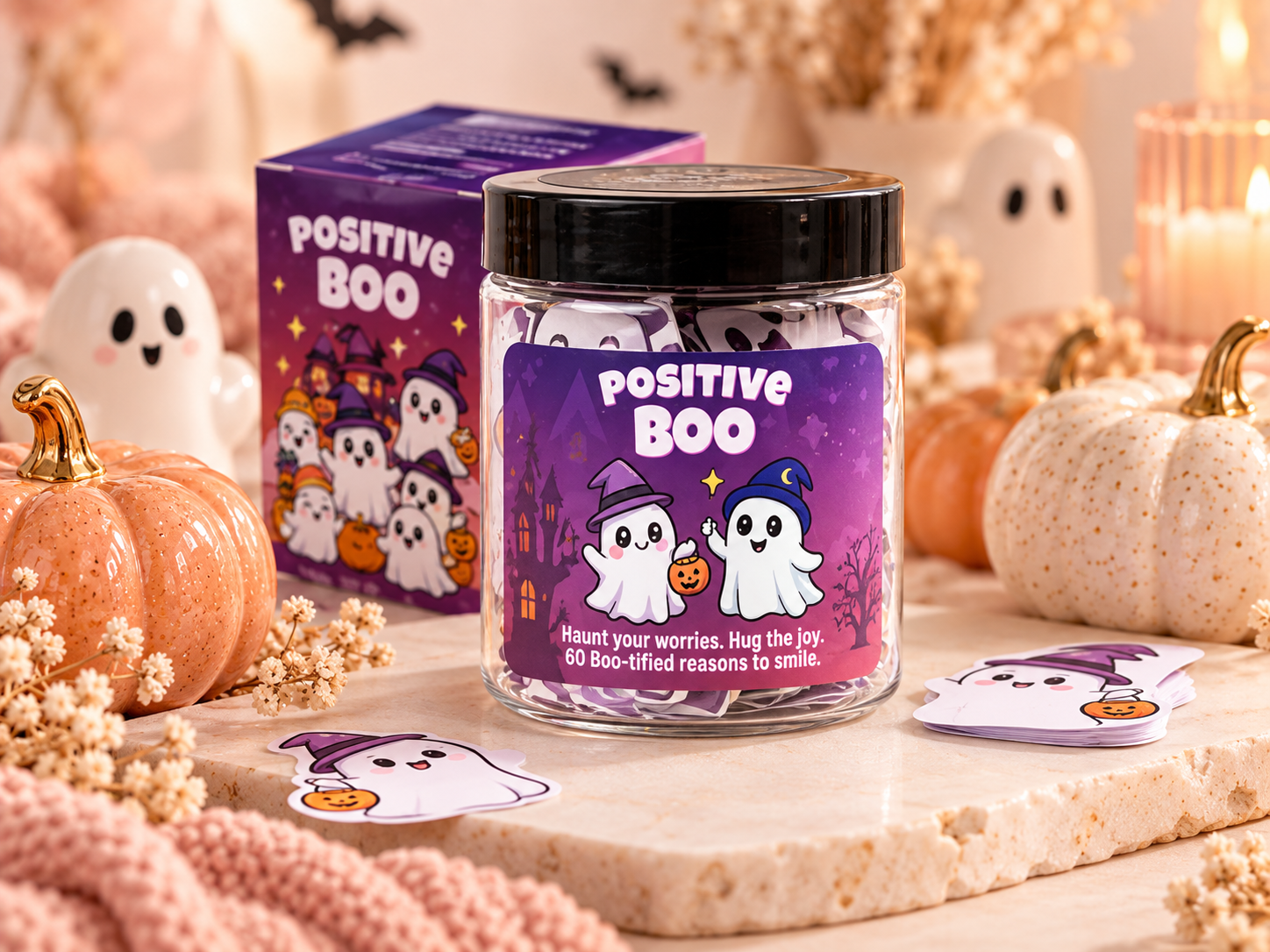 Miarita Positive Boo jar with 60 funny positive affirmation notes and purple ghost-themed packaging