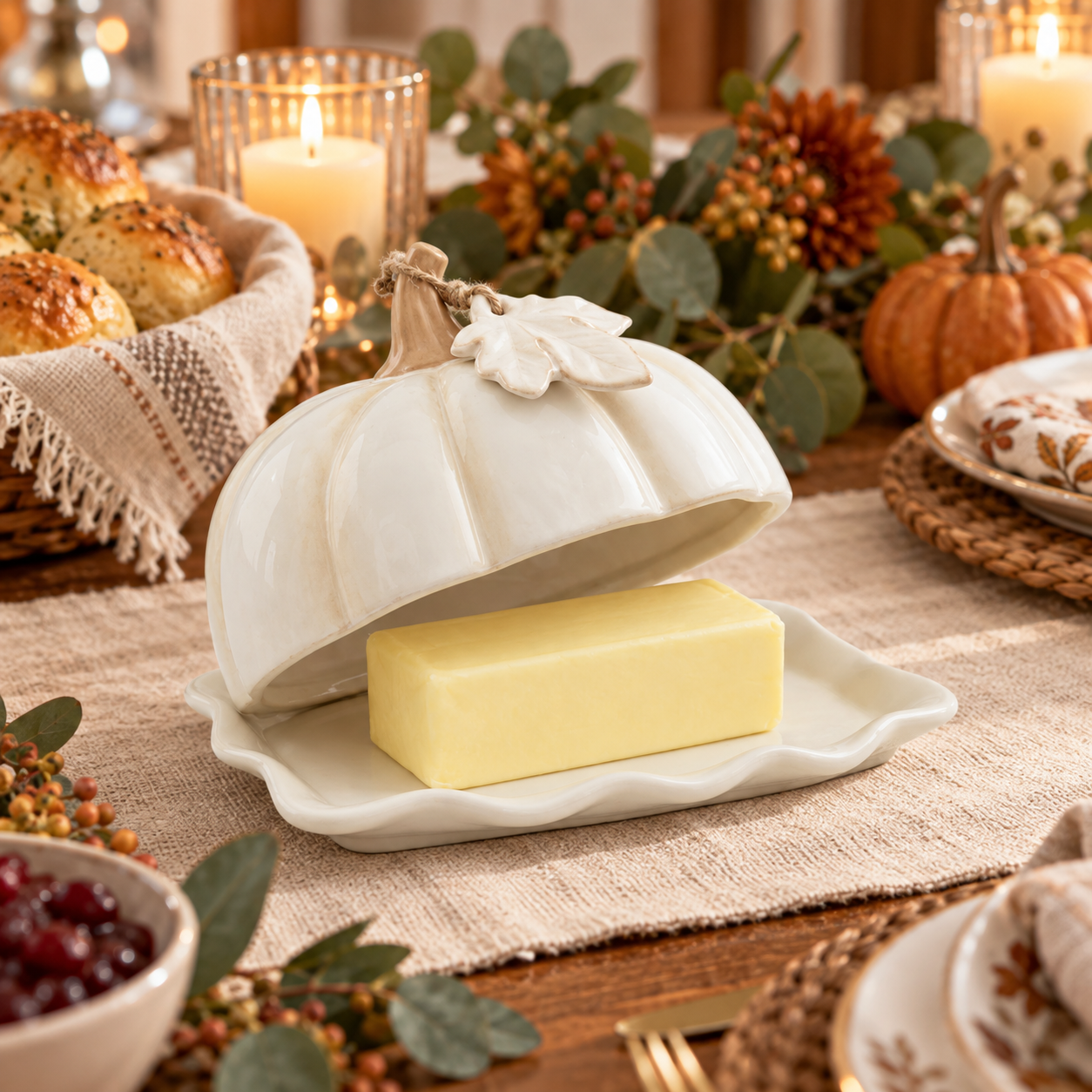 Creamy white pumpkin butter dish with tan stem and scalloped tray on a Thanksgiving table