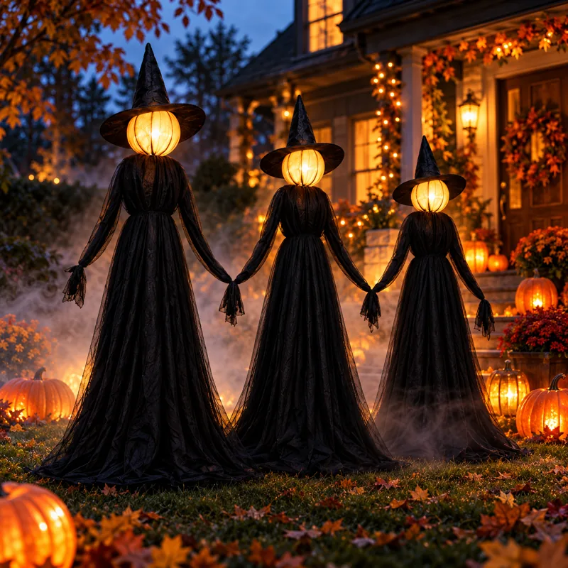 Three warm glowing black-robed witches holding hands in a Halloween yard