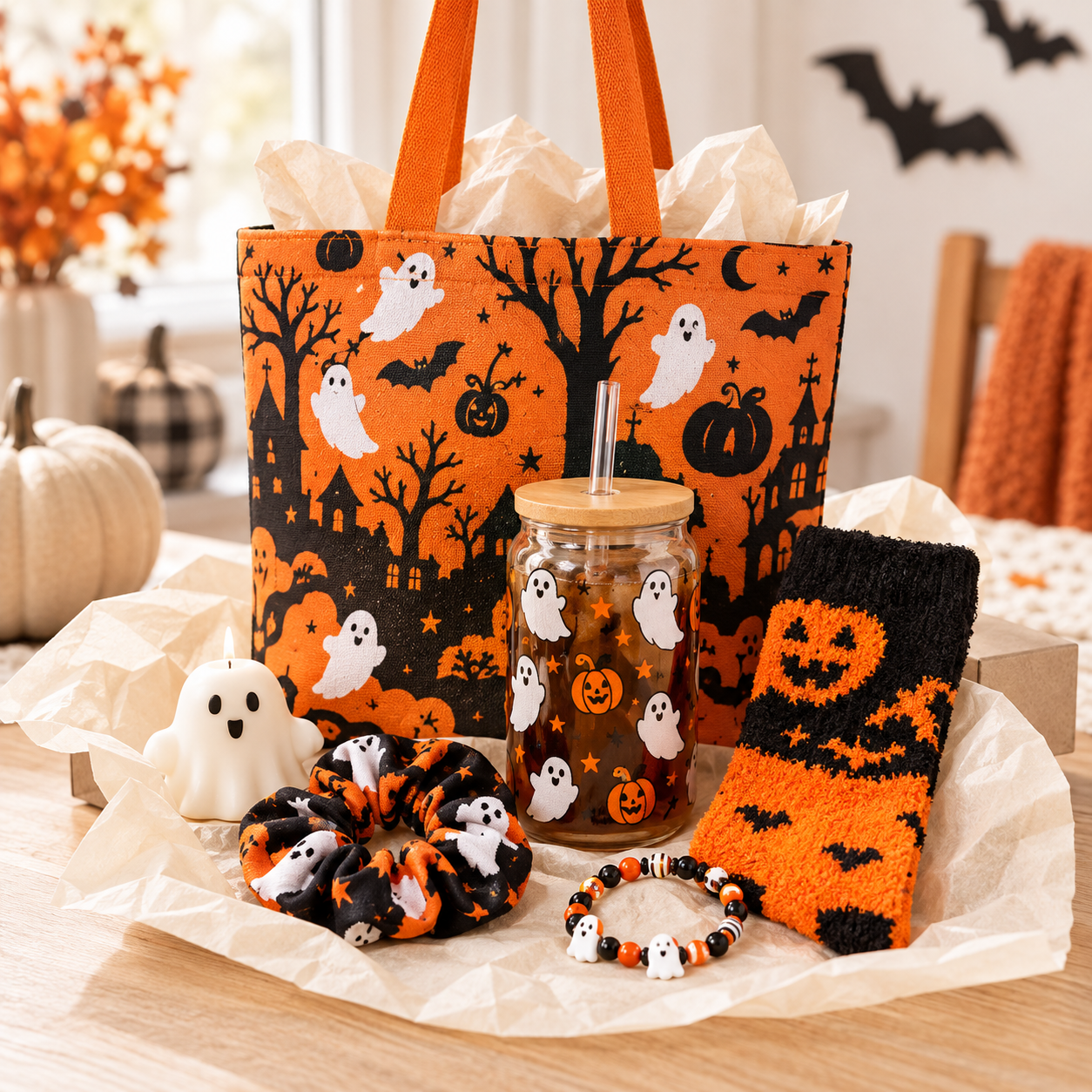 Orange Halloween gift set with ghost cup, tote bag, socks, candle, bracelet, and scrunchie styled for a kids’ boo basket