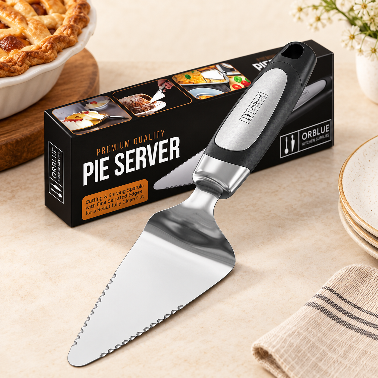 Orblue stainless-steel pie server with double-serrated blade and black handle