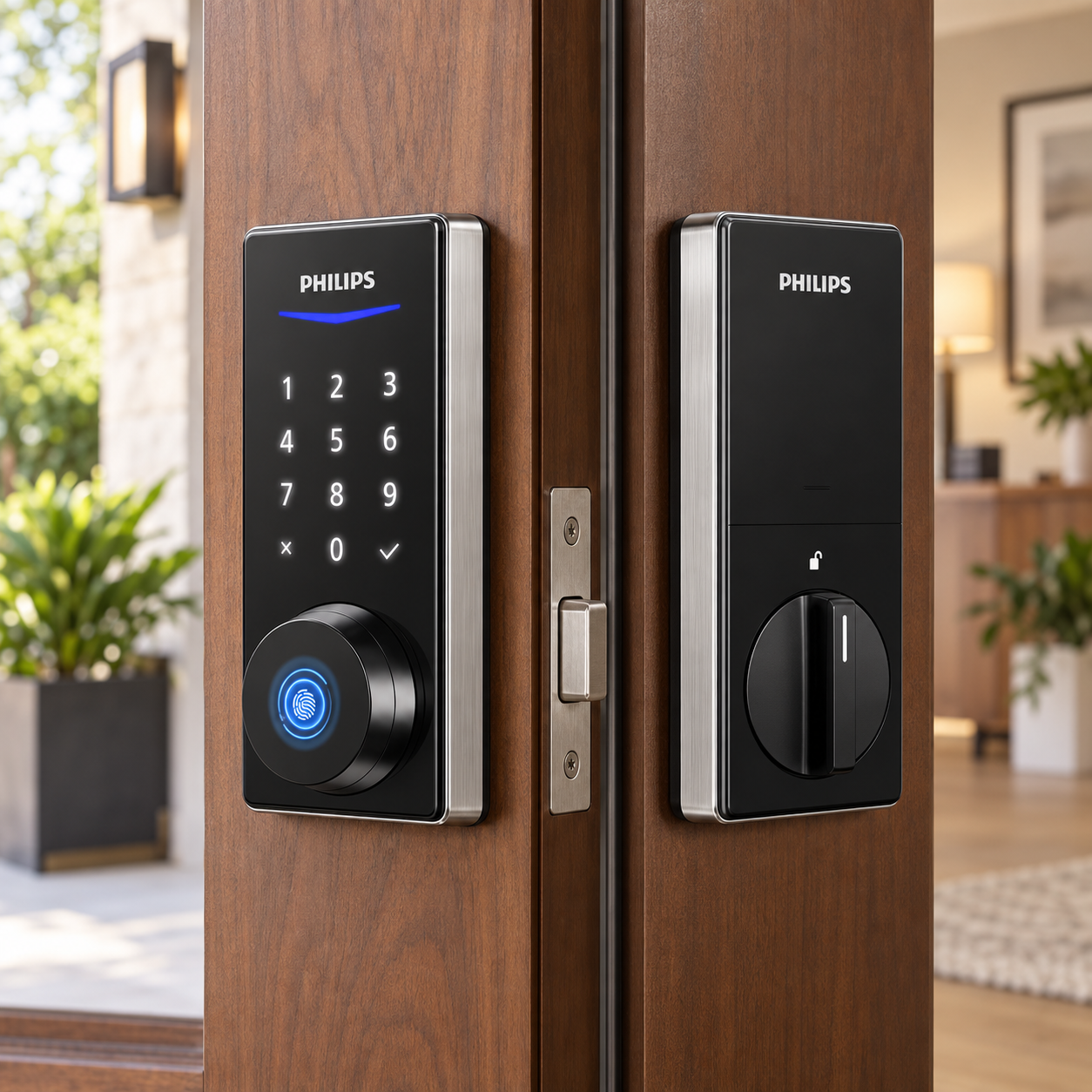 Philips fingerprint smart lock installed on a warm walnut front door
