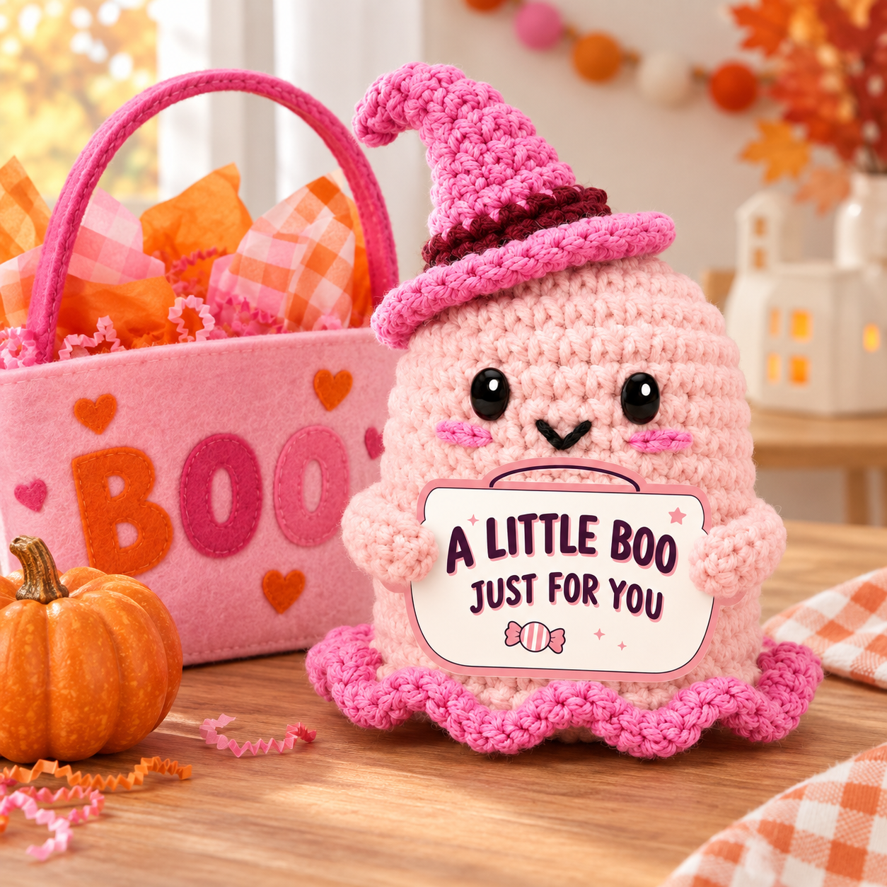 Pink crochet witch ghost holding an A Little Boo Just for You card beside a kids’ Halloween boo basket