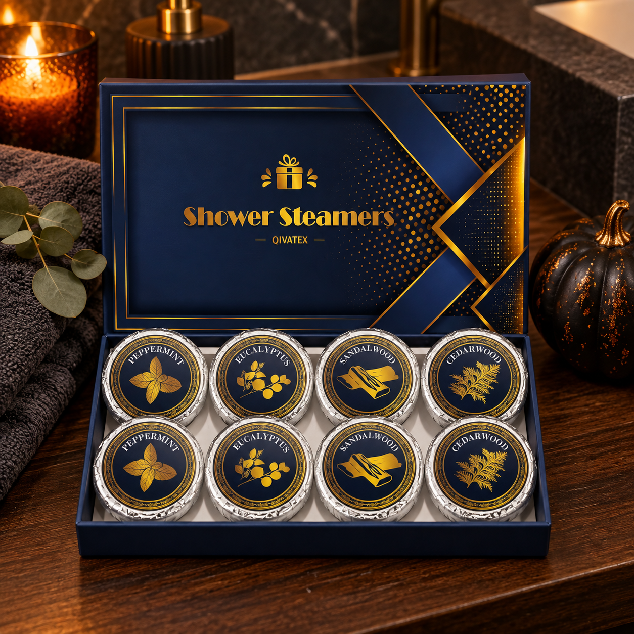 Blue and gold eight-pack of men’s shower steamers styled for a teen boy Halloween boo basket