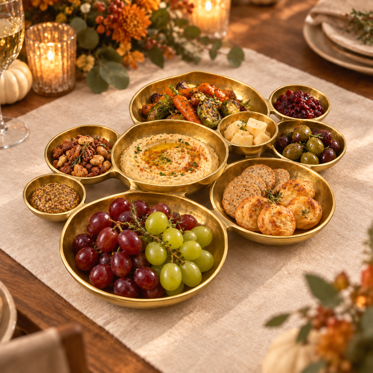 Nine-cluster bright gold brass serving bowl filled with Thanksgiving appetizers