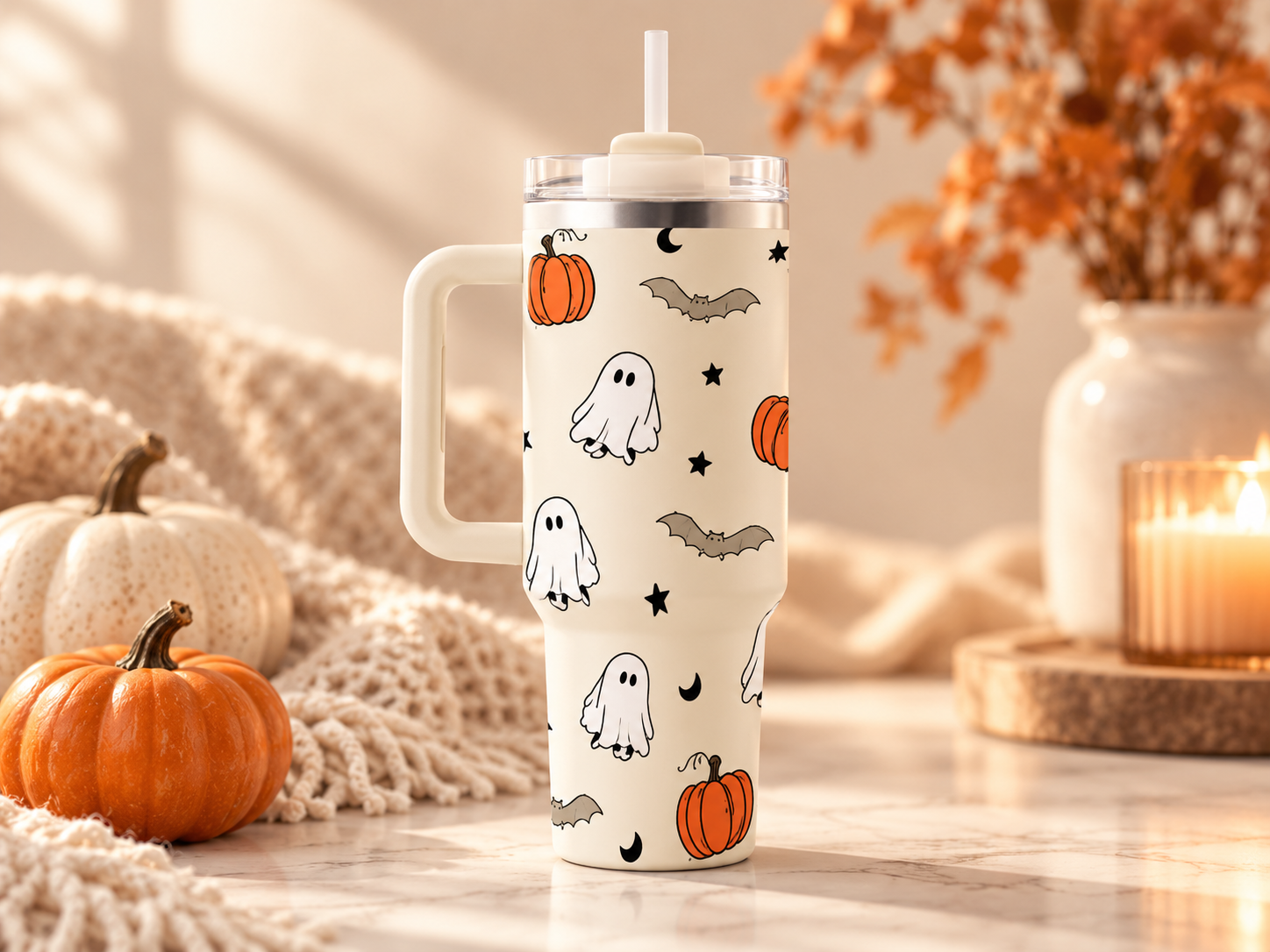 ROSTANTEN 40 ounce Halloween tumbler with handle and straw decorated with pumpkins, ghosts and bats