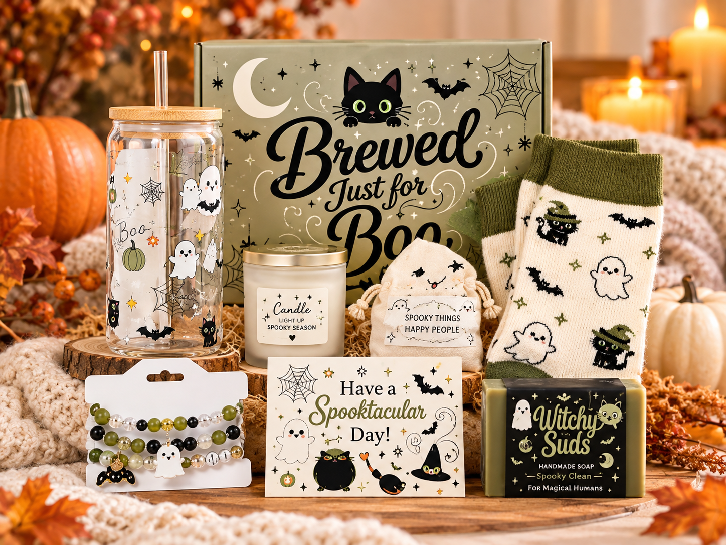 Rosekeep Halloween boo basket gift set for women with tumbler, candle, socks, soap, bracelets and ghost-themed accessories