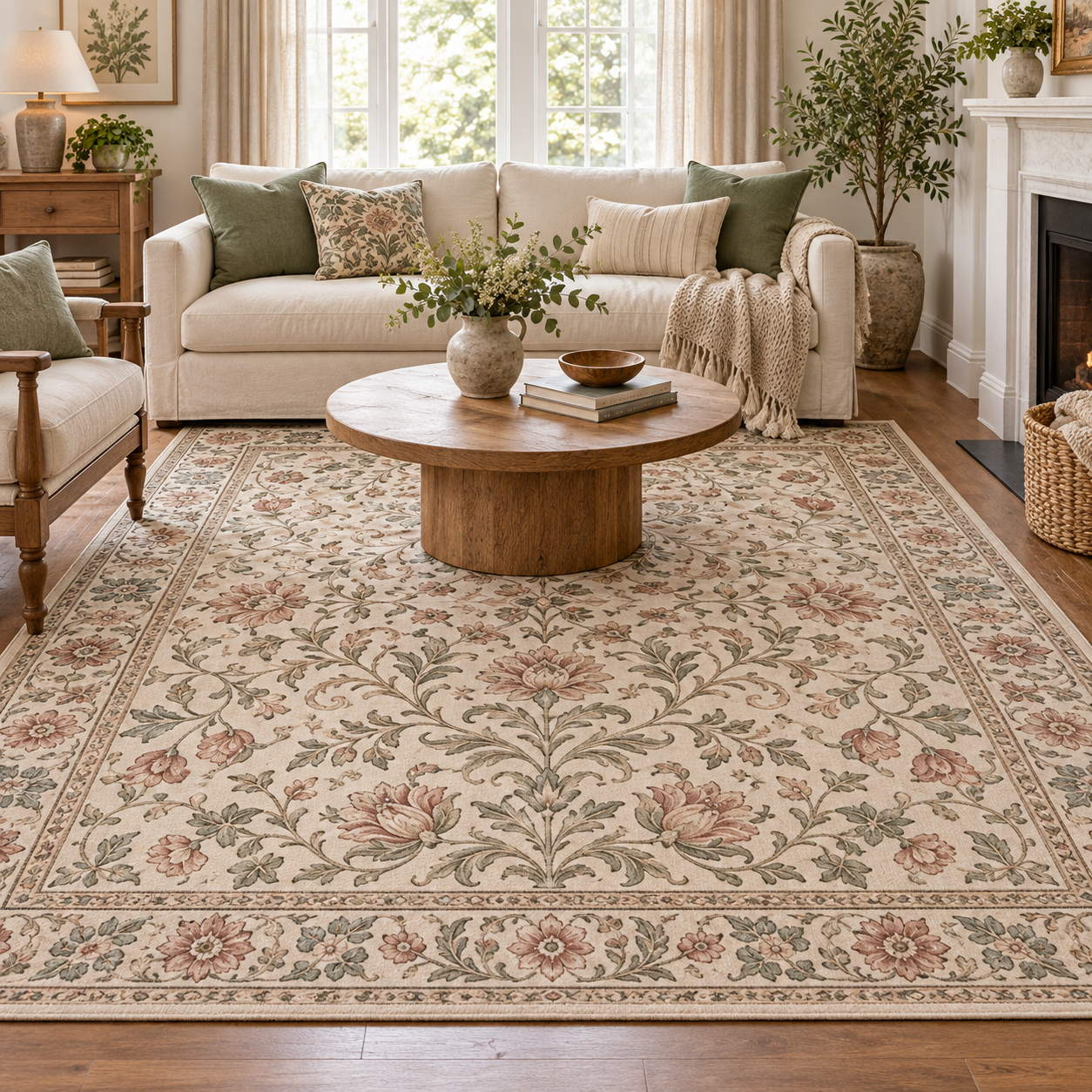 Light floral Ruggable Morris and Co washable area rug styled in an elegant neutral living room