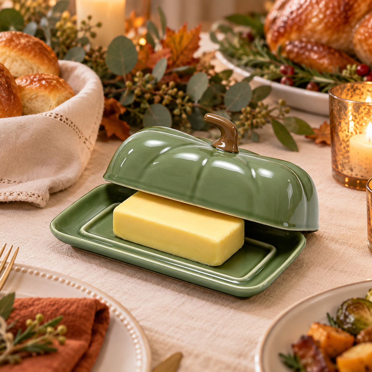 Sage-green ceramic pumpkin butter dish with butter styled on a warm Thanksgiving table