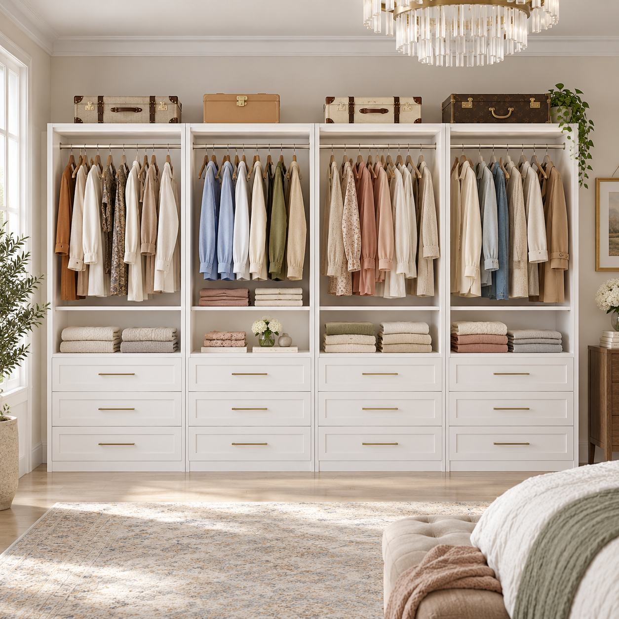 White four-section Secilix modular closet organizer with hanging rods, shelves, and twelve wooden drawers