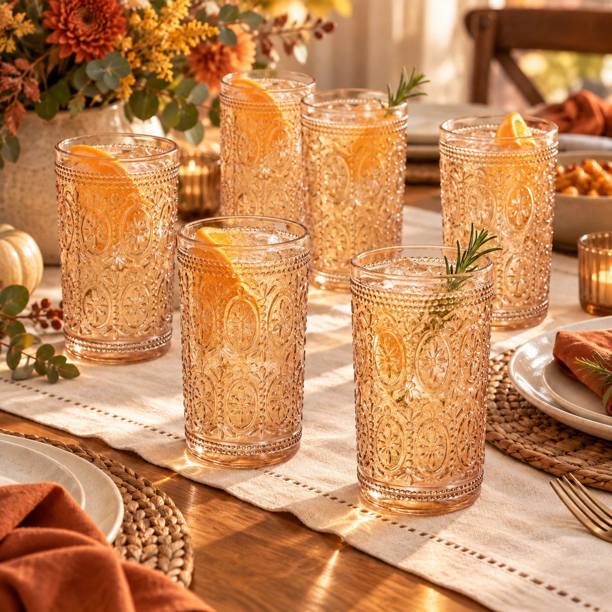 Six amber vintage embossed highball glasses styled on a Friendsgiving table