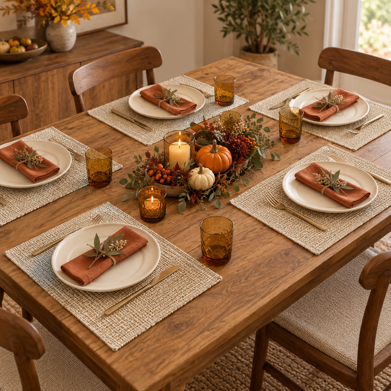 Six eggshell woven rectangular placemats styled on a Friendsgiving table