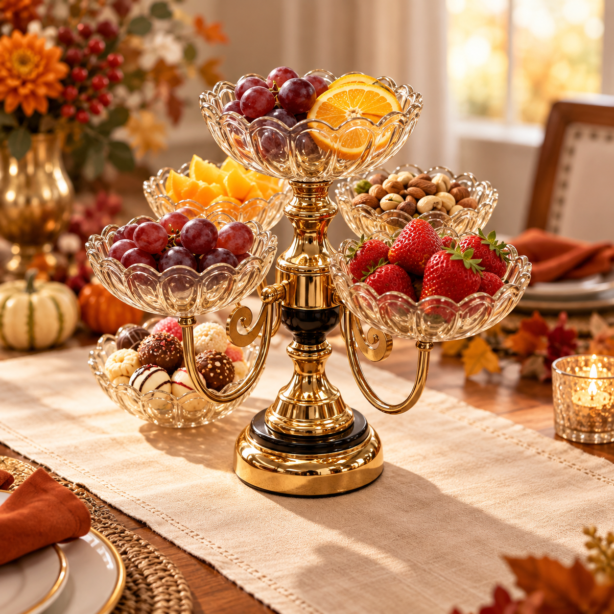 Gold tiered serving stand with six clear glass bowls filled with fruit, nuts, and desserts