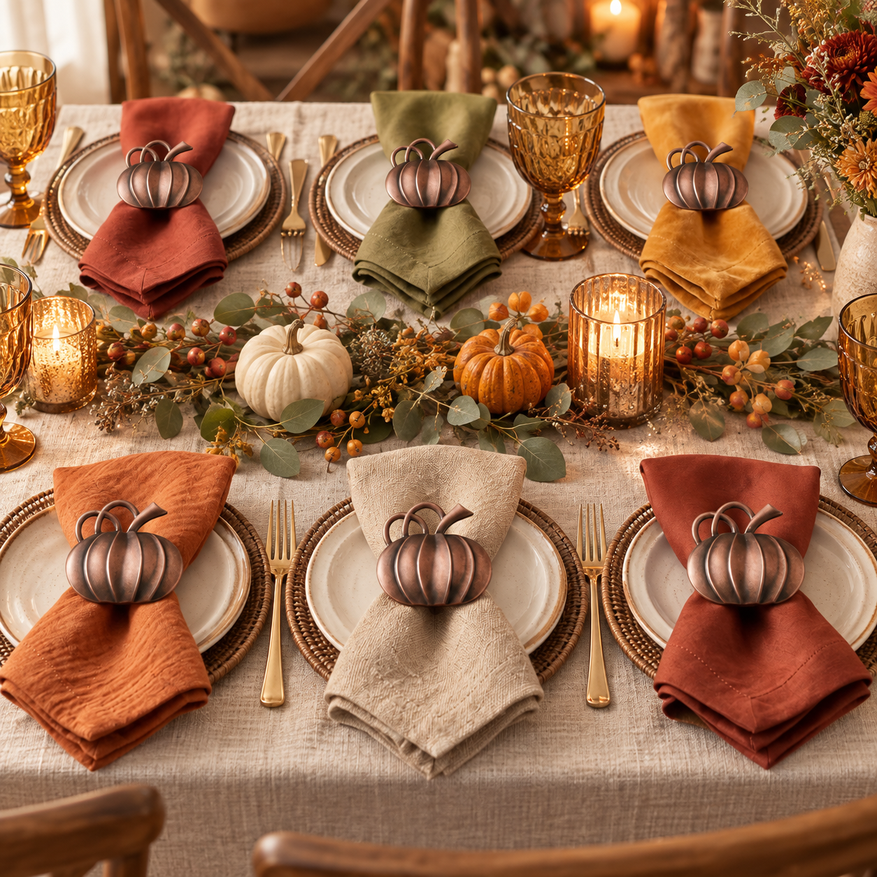 Six bronze pumpkin napkin rings styled on a warm Friendsgiving table