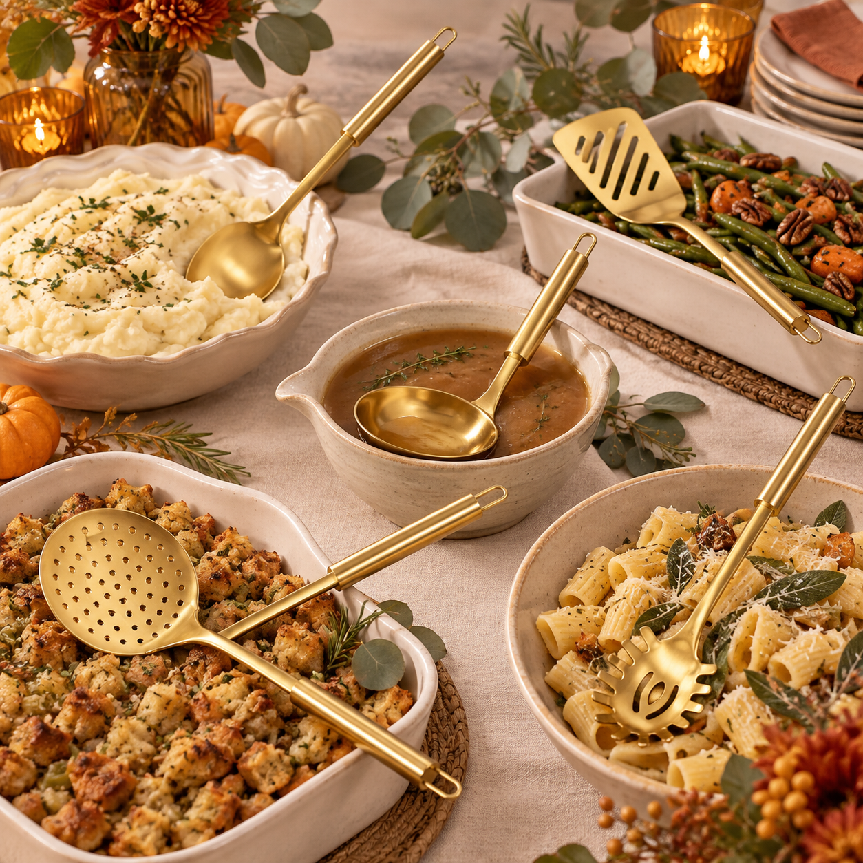 Five-piece gold cooking and serving utensil set styled on a Friendsgiving buffet
