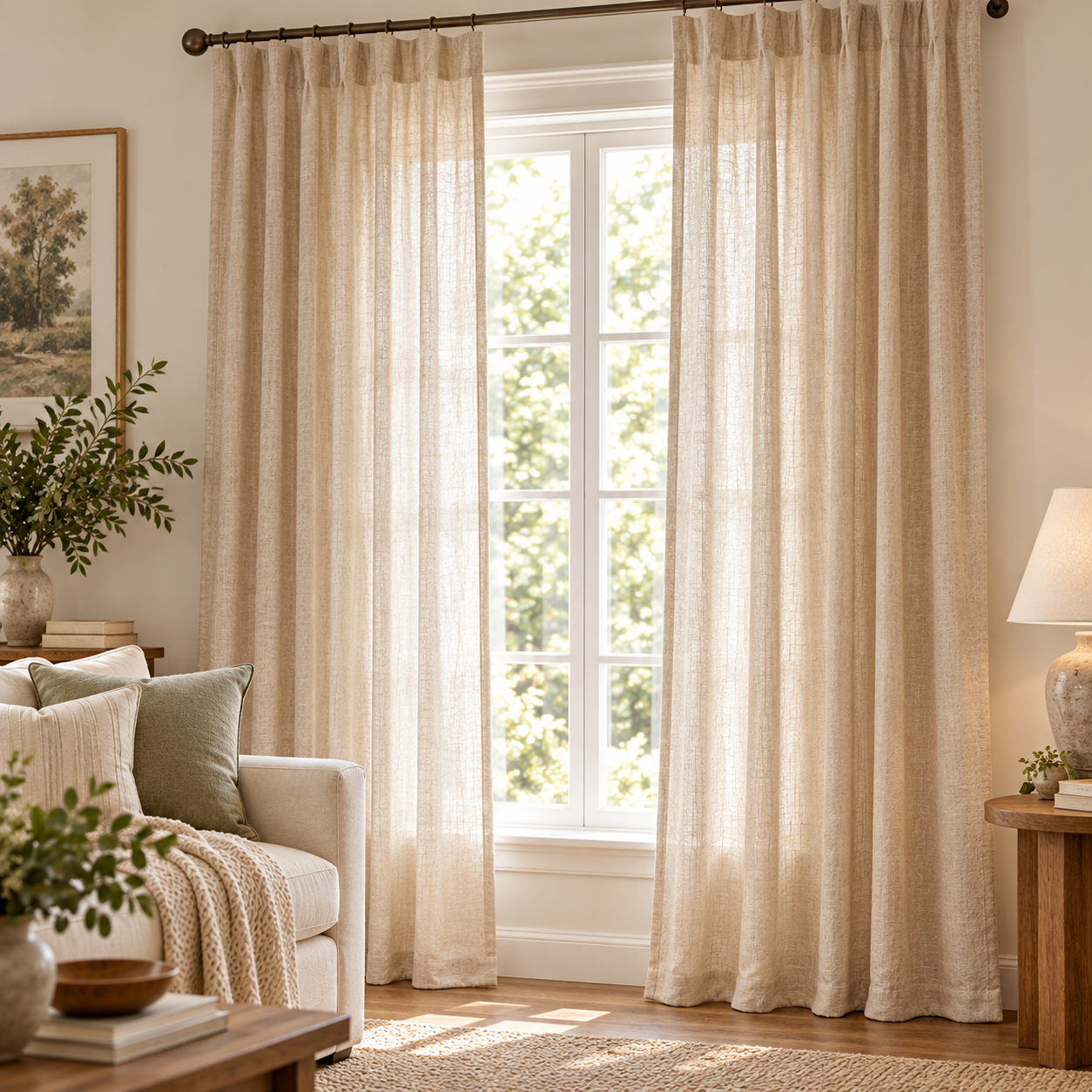 Warm beige linen curtain panels framing a bright neutral living room window