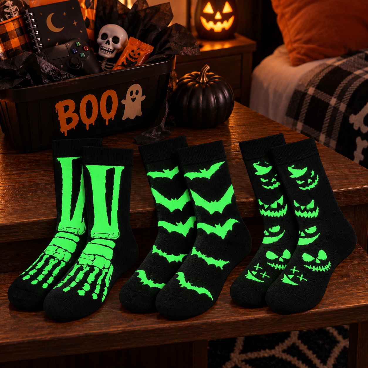 Three pairs of black and neon green glow-in-the-dark Halloween socks styled for a teen boy boo basket