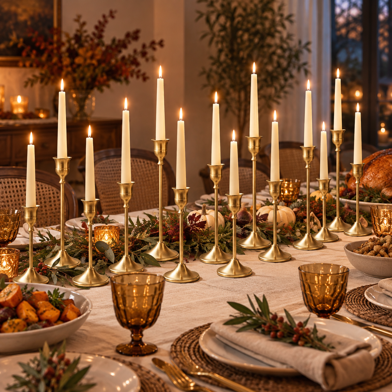 Twelve gold candlestick holders styled on an elegant Friendsgiving table