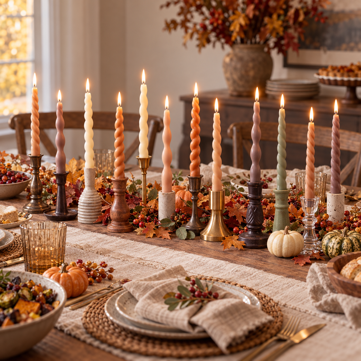 Twelve twisted taper candles in warm fall colors styled on a Friendsgiving table