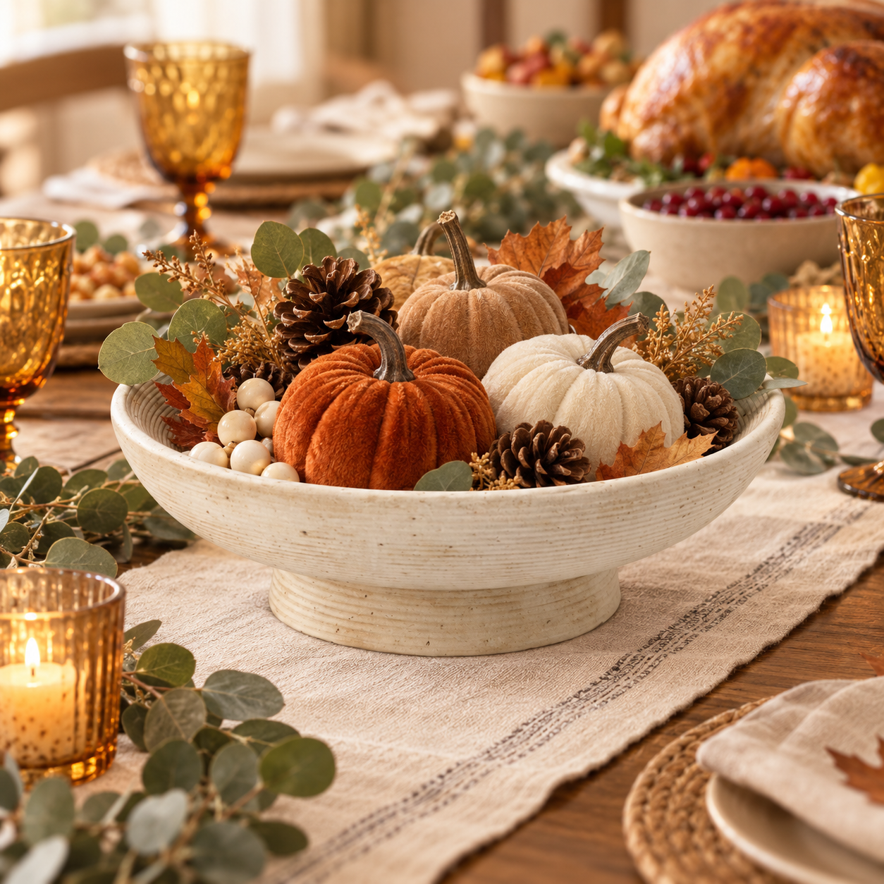 Twelve warm-white battery fairy light strands styled on a Friendsgiving table