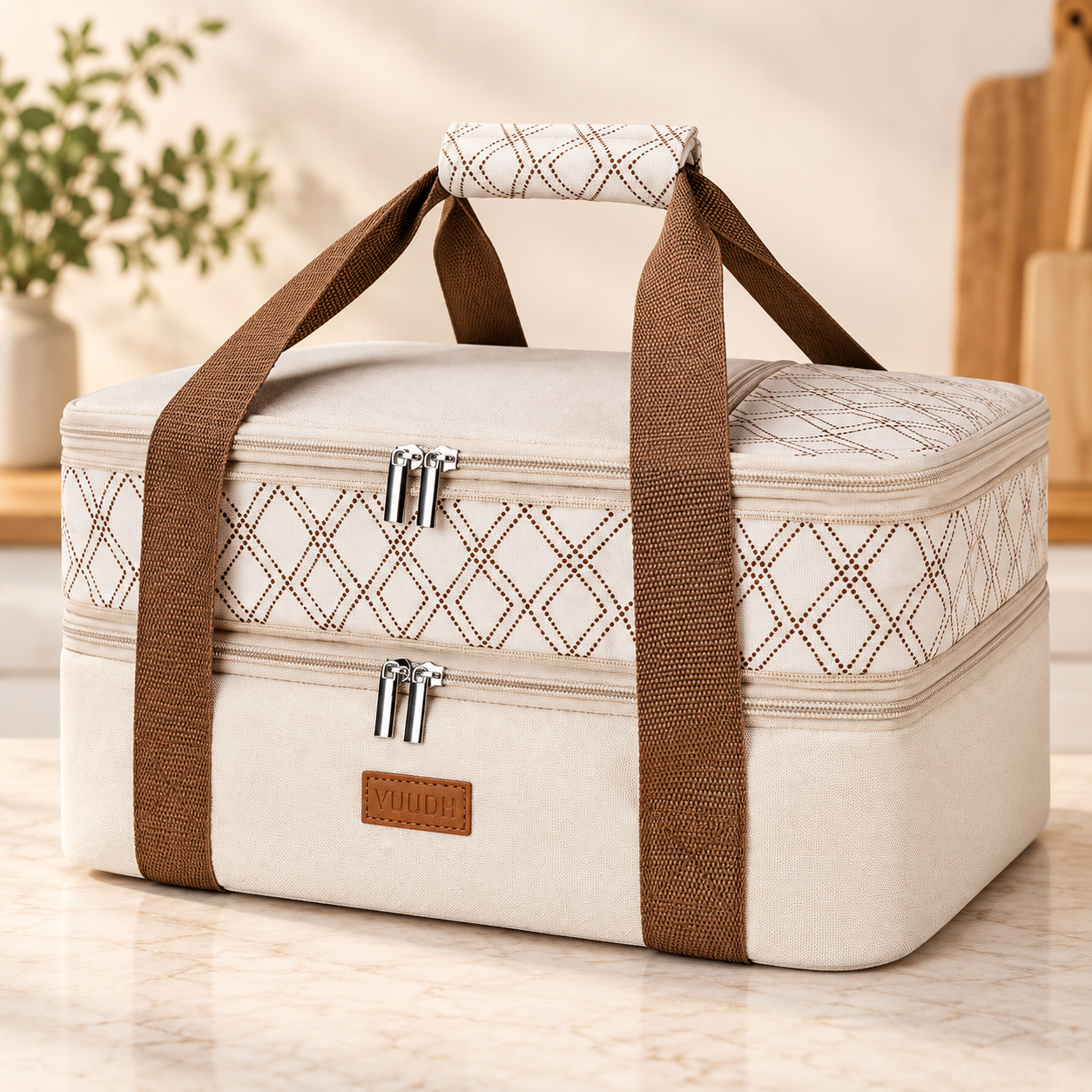Vuudh beige two-tier insulated casserole carrier with brown straps and diamond pattern