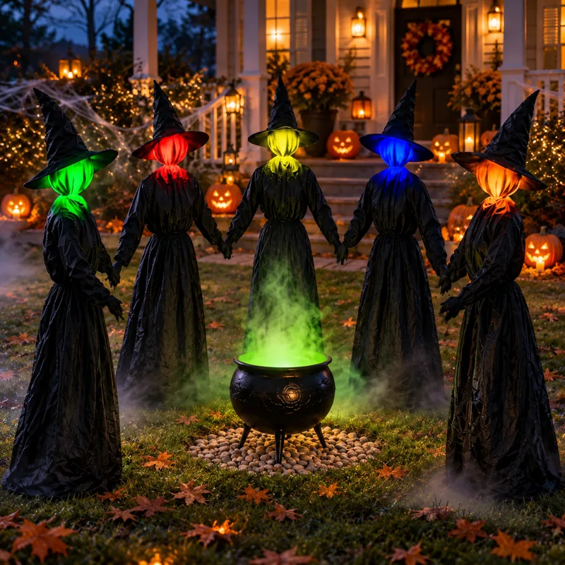 Five witches with multicolored glowing heads surrounding a green cauldron