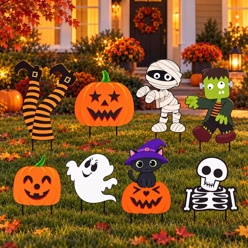 Eight friendly Halloween character yard stakes