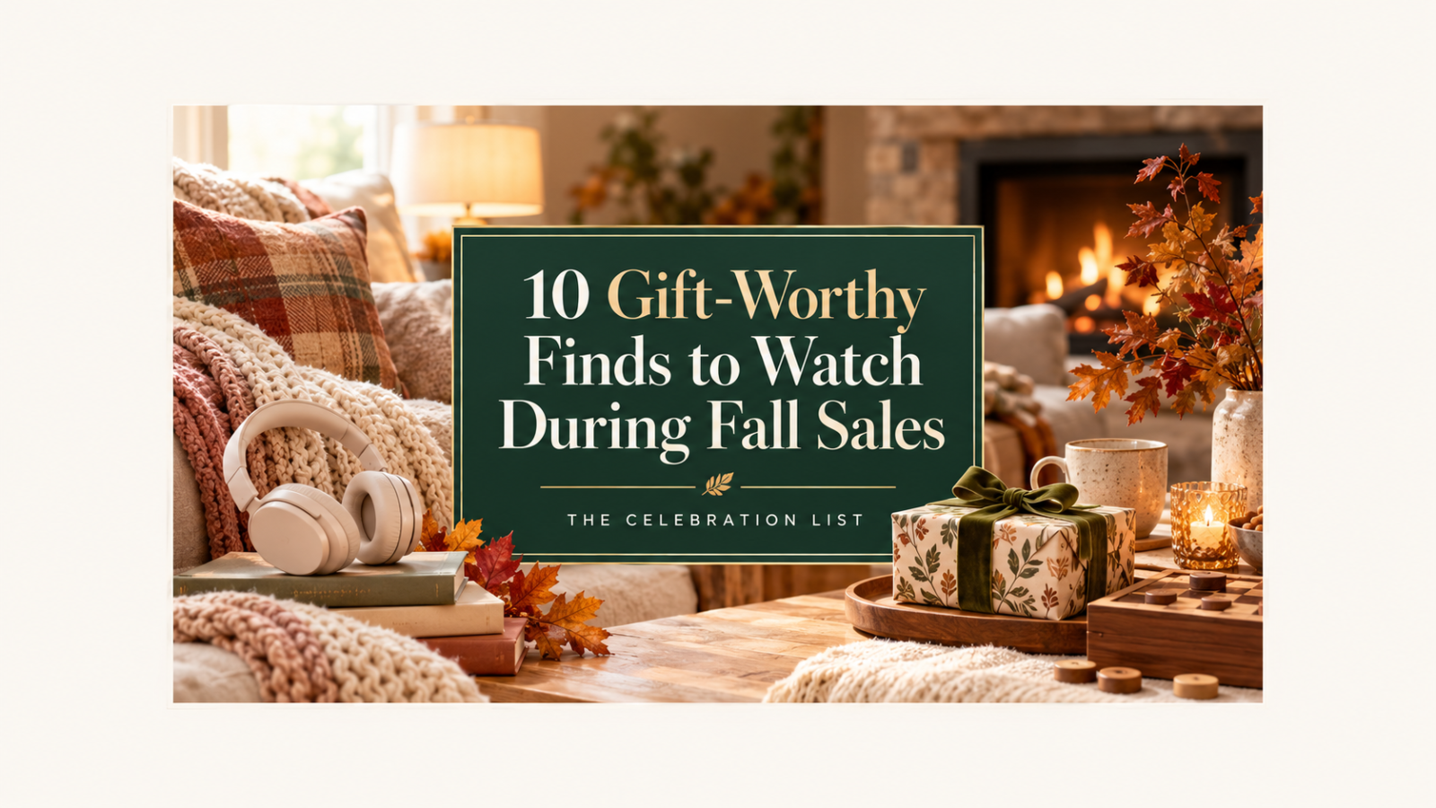 Cozy autumn gift guide cover with headphones, wrapped gift, and the title 10 Gift-Worthy Finds to Watch During Fall Sales