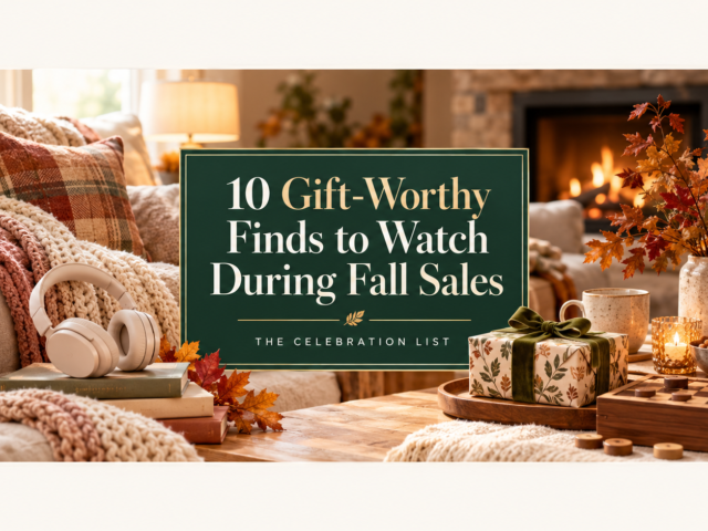 Cozy autumn gift guide cover with headphones, wrapped gift, and the title 10 Gift-Worthy Finds to Watch During Fall Sales