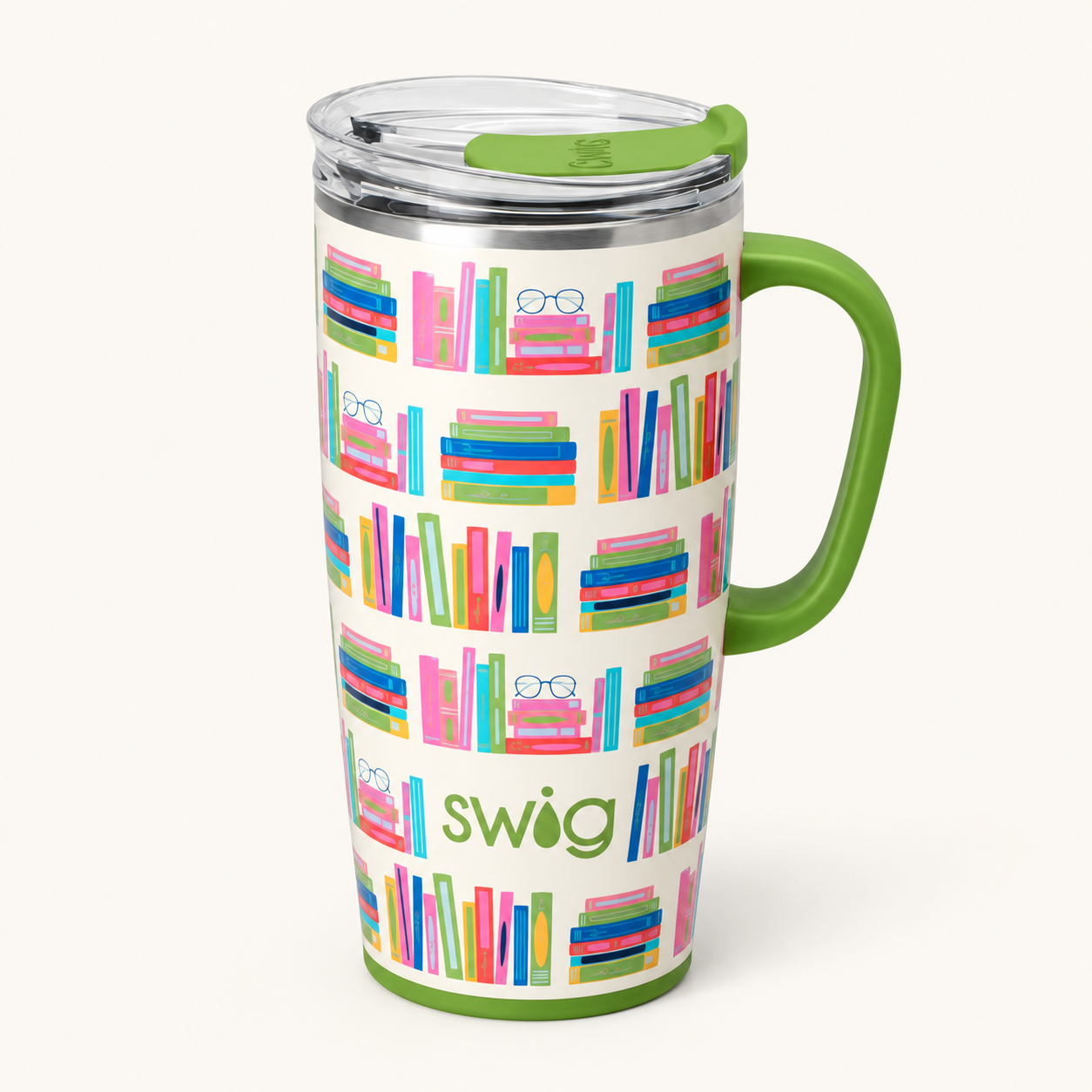 Swig Life Book Club travel mug with colorful books and green handle
