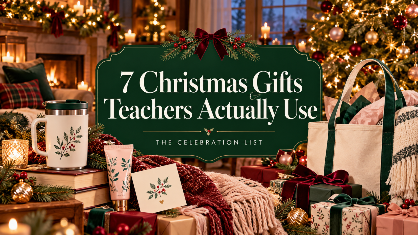 Christmas teacher gift guide with a festive living room, tree, wrapped gifts, mug, tote, and cozy accessories