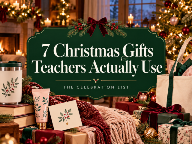 Christmas teacher gift guide with a festive living room, tree, wrapped gifts, mug, tote, and cozy accessories