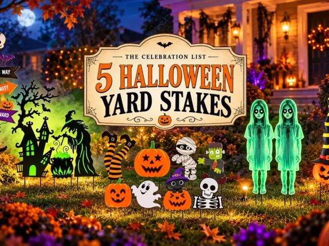 Five Halloween yard stake ideas on a pumpkin-lit front lawn