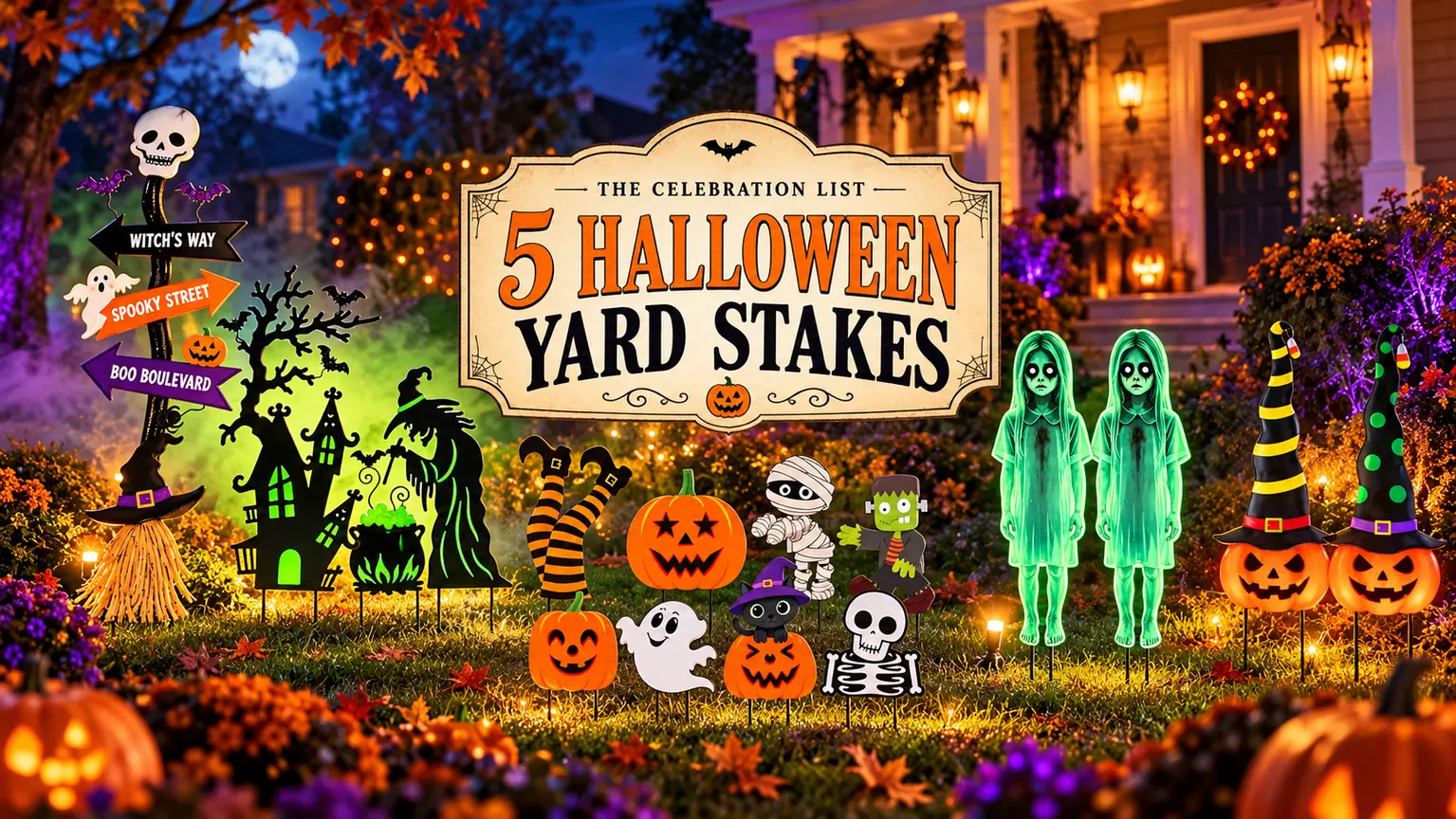 Five Halloween yard stake ideas on a pumpkin-lit front lawn