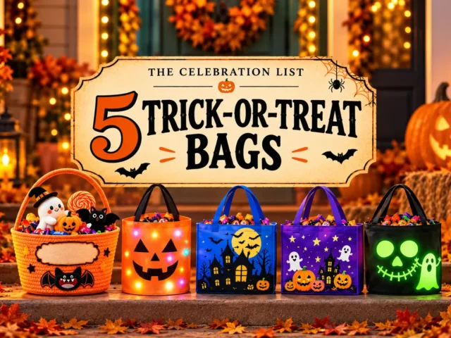 Five Halloween trick-or-treat bag ideas on a pumpkin-lit porch