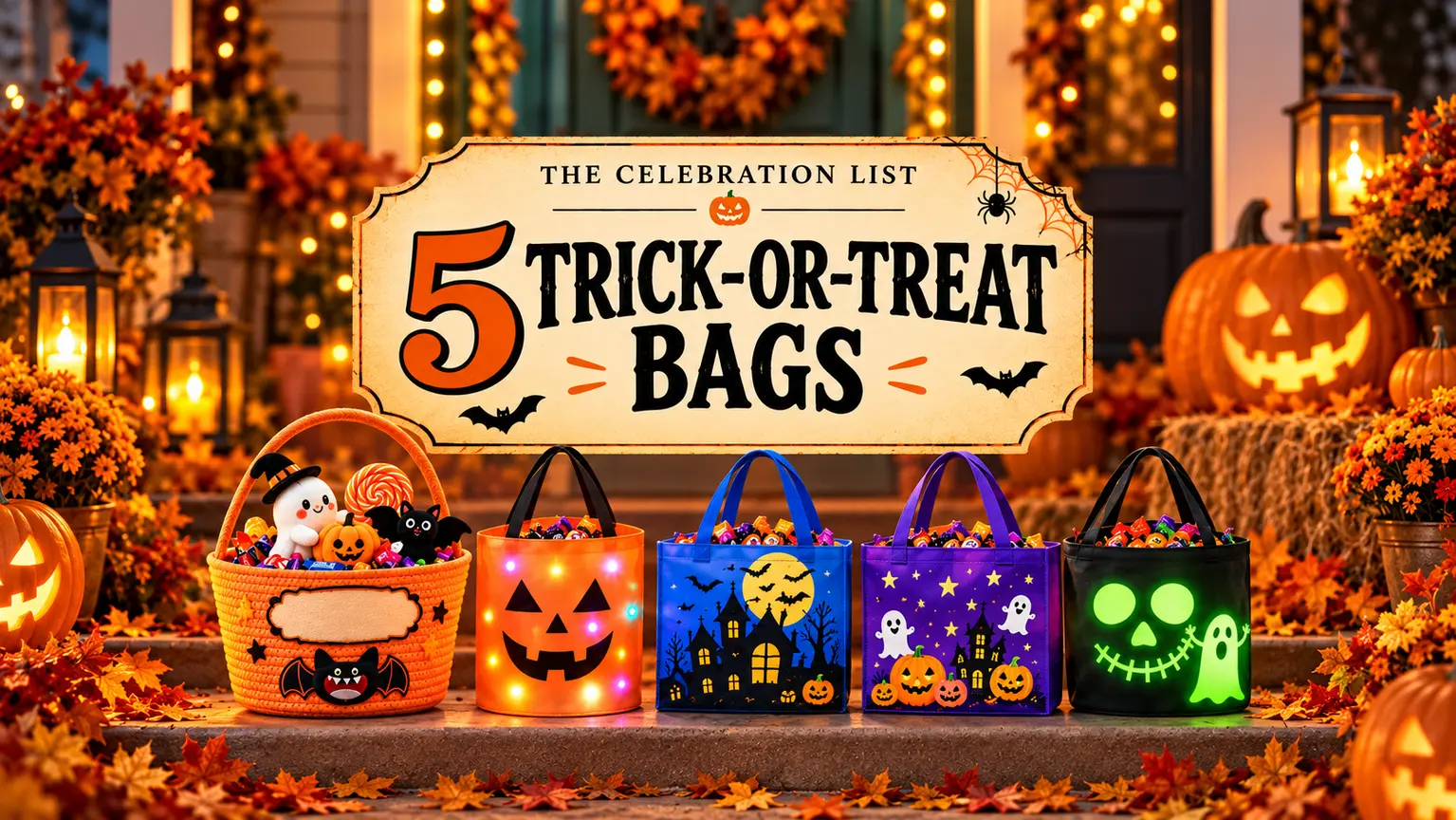 Five Halloween trick-or-treat bag ideas on a pumpkin-lit porch