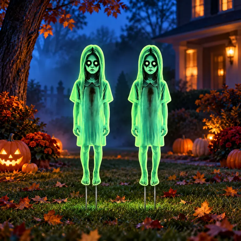 Two green glowing ghost girl yard stakes