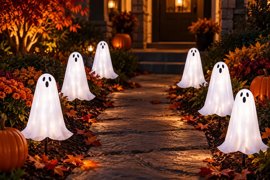 Six glowing white ghost Halloween solar stake lights along a yard path