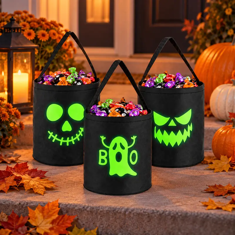 Styled illustration of three glow-style black treat bags