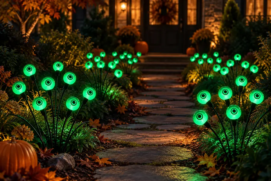 Green glowing eyeball Halloween stake lights in a dark garden