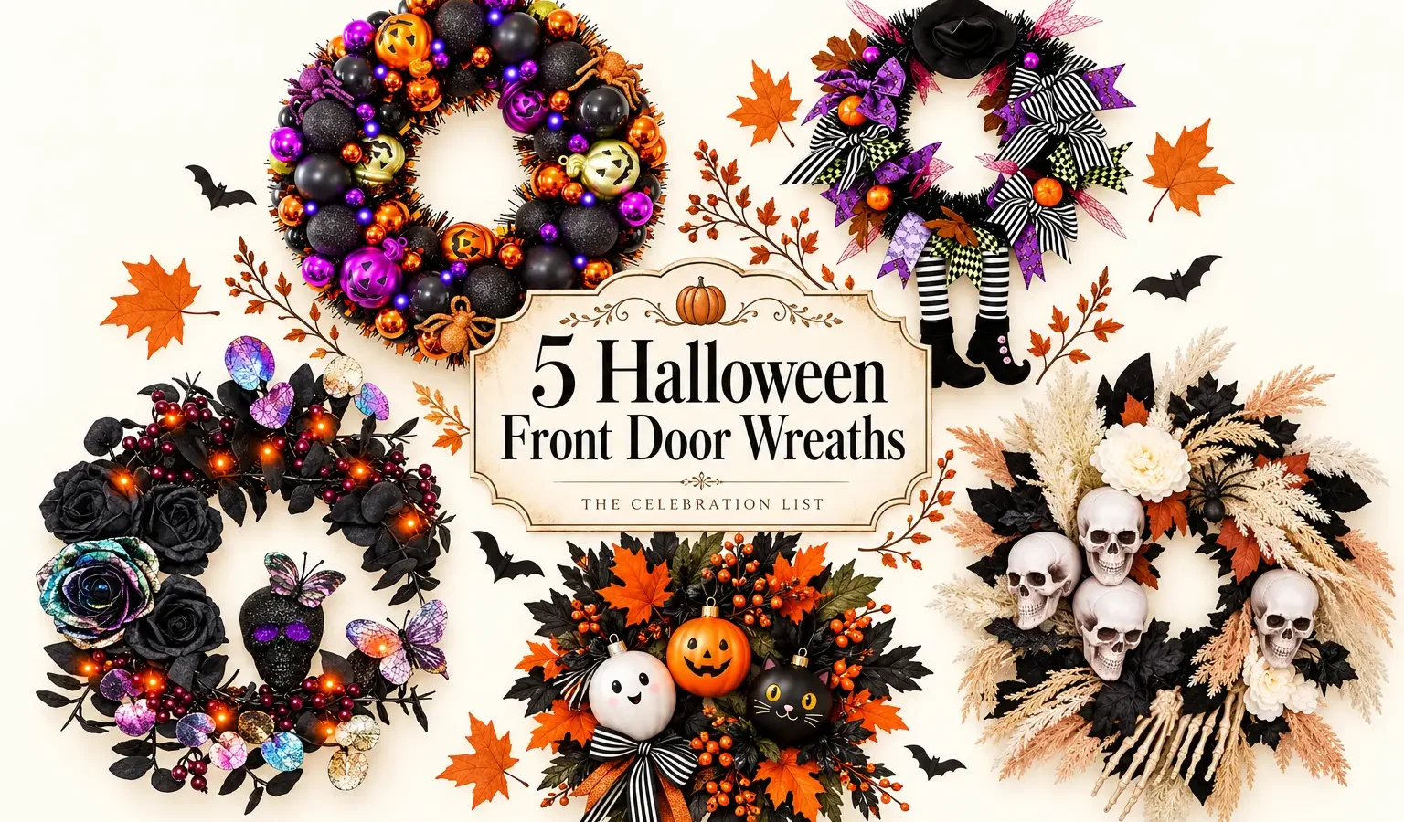 Five Halloween front door wreath ideas: ornament, witch, black rose skull, playful orange leaf, and neutral skull designs