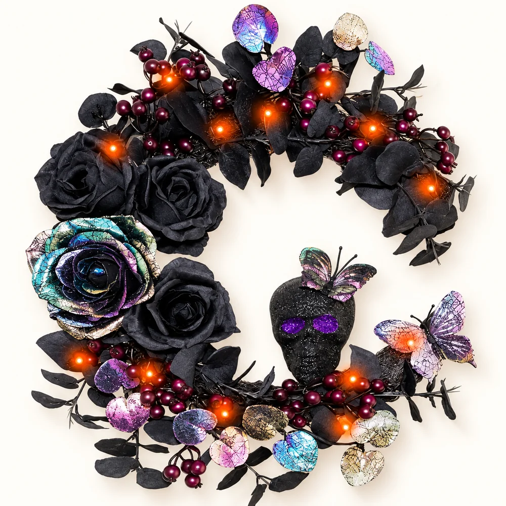 Black rose Halloween wreath with iridescent foliage butterflies orange lights and skull