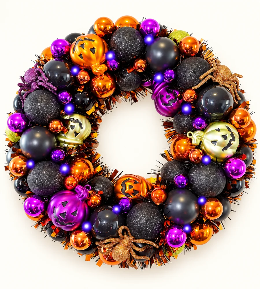 Black orange and purple lighted Halloween ball wreath with jack-o-lantern ornaments