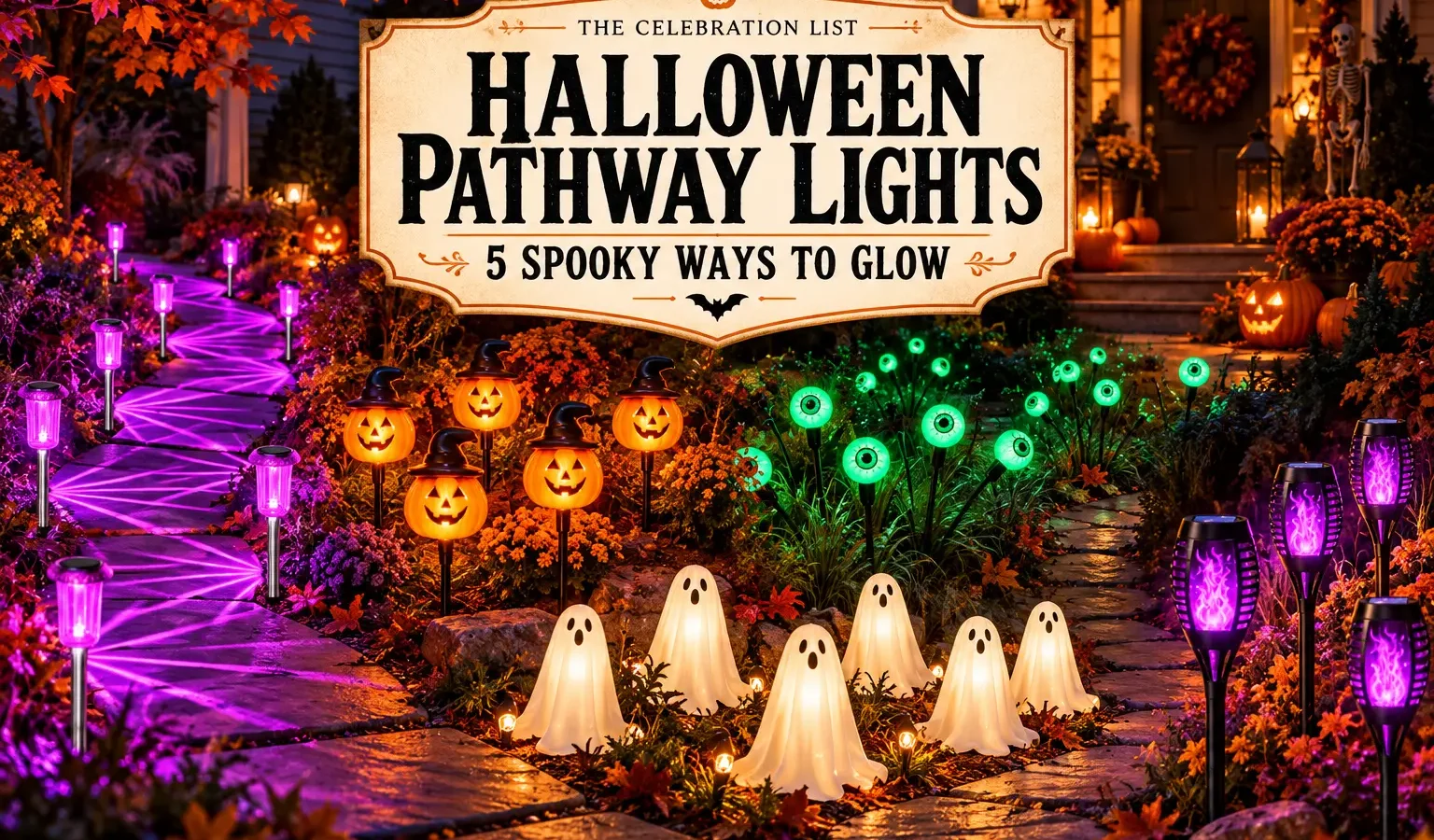 Halloween pathway lights: purple walkway, jack-o-lanterns, glowing eyeballs, ghosts and purple torches