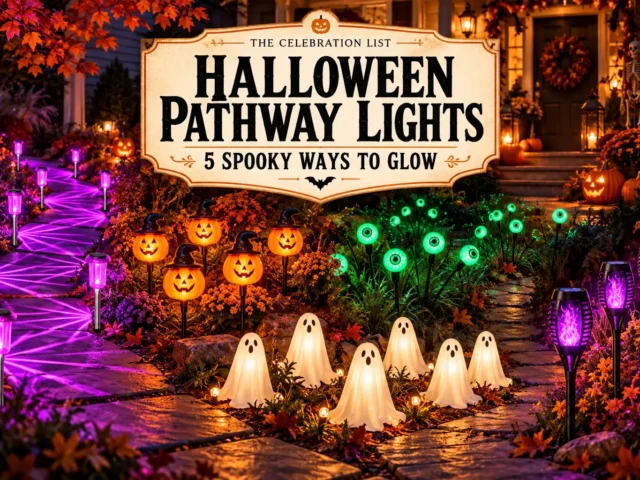Halloween pathway lights: purple walkway, jack-o-lanterns, glowing eyeballs, ghosts and purple torches