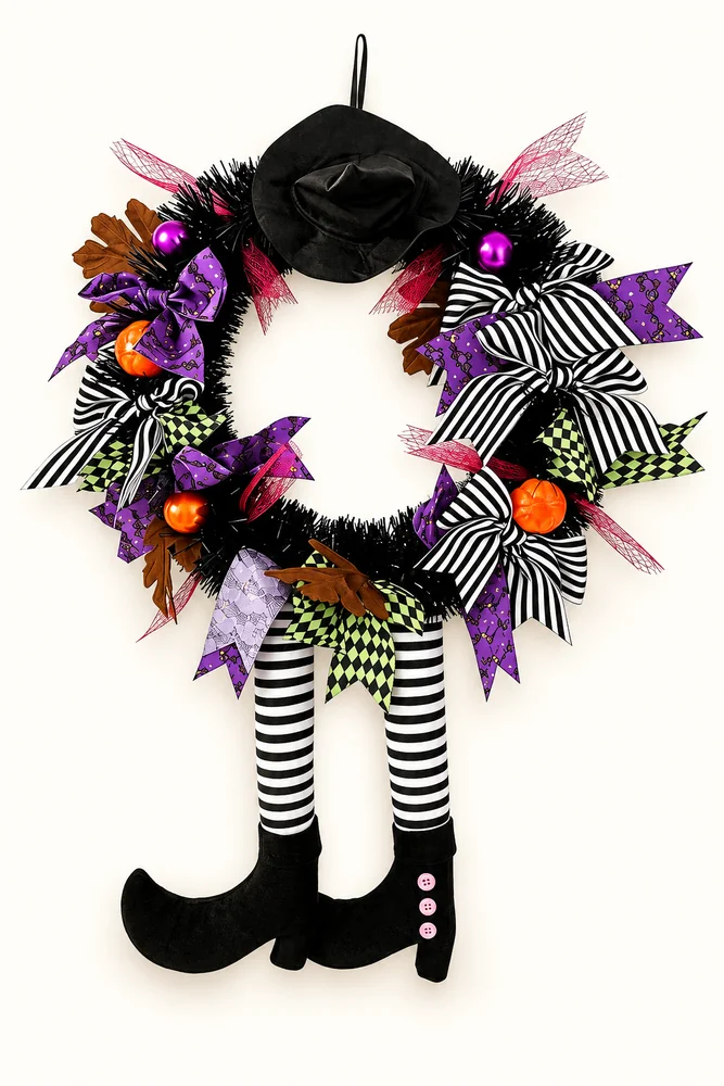 Halloween witch wreath with black hat striped bows purple accents and dangling striped legs